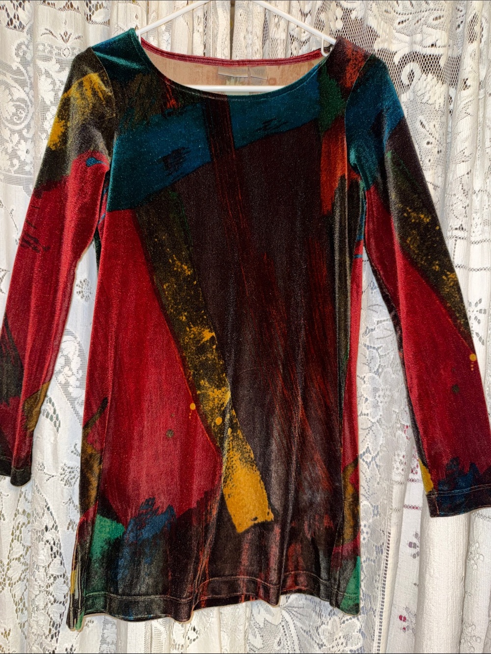 Chico's Multicolor Velvet Tunic — Red, Teal, Yellow, Black